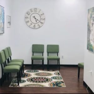 Therapy office waiting room, while waiting to be treated for depression, anxiety and PTSD therapy.