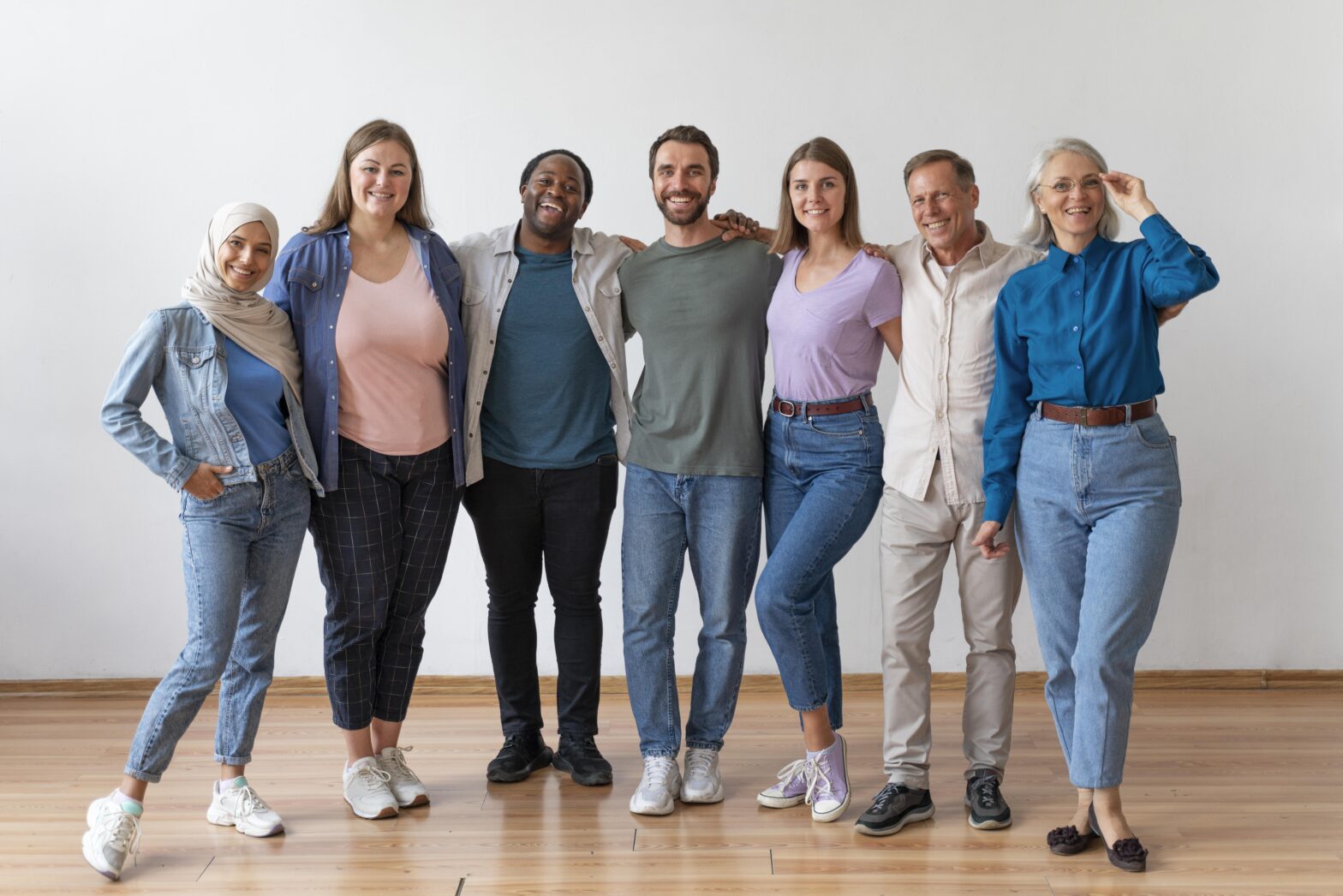 Diverse group of friends smiling together.