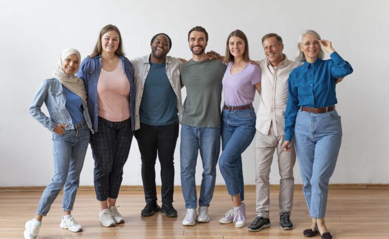 Diverse group of friends smiling together.